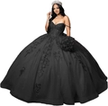 Elegant black ball gown with off-the-shoulder lace bodice and floral embroidery - XS / Black