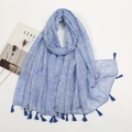 Close-up of blue pattern cotton linen scarf with soft fringe trim and wave textures - Blue Wave Texture Style (XB970)
