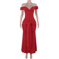 Vue détaillée d'une robe de soirée rouge en satin à épaules dénudées avec taille plissée - XS / Rouge
