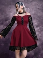 Gothic wine red cold-shoulder dress with black lace trim and lace-up front detail - Burgundy
