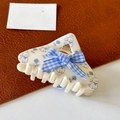 Creamy triangle hair claw clip featuring blue bunny floral patterns and a plaid bow - Blue Triangle Claw Clip-8.1cm