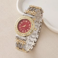 Montre à quartz luxe pour femme avec cadran rouge, lunette en strass et bracelet bicolore - Cadran Rouge Bracelet Strass Or-Argent (7)