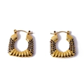 Golden C-shaped earrings with black zircon stones and baroque striped texture - Gold/Black Zirconia