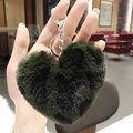 Cute heart-shaped plush keychain in dark green color with silver metal hardware - Army Green Heart Leopard Pom Pom