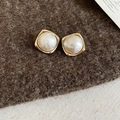 Macro detail of gold-plated square geometric earrings featuring white imitation pearls - Gold Rhombus (Gold Plated Silver Pin)