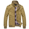 Men's khaki windproof jacket with plaid lining, stand collar and outdoor utility design - M / Khaki