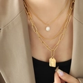 Three-layer gold necklace with freshwater pearl and engraved face pendant for women - Three Layer Necklace / Gold