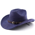 Detailed close-up of blue suede cowboy hat with brown braided leather band and buckle - M (56-58cm) / Navy Blue