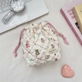 Quilted cotton storage bag with cute cartoon animal prints and pink drawstring closure - Lace Pastry