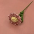 Single handmade crochet pink rose yarn flower with yellow stamen and green leaves - Pink Camomile
