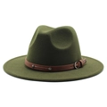 Olive green wool fedora hat with brown belted strap and silver metal buckle detail - One Size 58cm Circumference / Army Green
