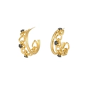 Golden double-layered C-shaped stainless steel earrings with black diamond accents - C-Shape Cuban Zirconia Hoop (E304048) - Gold Black