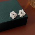 Sparkling silver flower stud earrings with white faux pearls and zircon in a jewelry box - One Size / Silver Earring Post Zircon Firework Pearl Stud Earrings