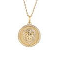 Hip-hop lion head round pendant necklace in 18k gold plating with white zircon stones - Gold Lion Head Pendant With Gold Rope Chain (KN230162-K)