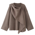 French style brown knit coat with irregular shawl scarf design for autumn winter fashion - Brown / S