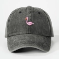 Washed charcoal grey baseball cap with pink flamingo embroidery for outdoor sun protection - One Size / Black