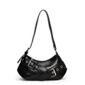 Bolso de hombro media luna negro brillante estilo Y2K con hebillas decorativas de plata - Negro