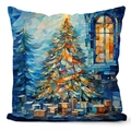 Blue Christmas pillowcase with stained glass mosaic snowman and tree pattern - Window Tree Stained Glass