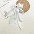 Elegant white satin double-layered bow hair clip with long flowing ribbons for women - White
