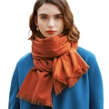 Orange cashmere-feel shawl scarf with fringe details worn over a blue coat - 180cm / Orange Red