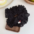 Black polka dot scrunchie with handmade tag and small red heart button detail - Ruffle Polka Dot / Black
