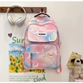 Detail of blue-pink gradient backpack with moon butterfly prints and fashion label - 28*15*43cm / Pink