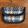Mini blue and white houndstooth tweed coin purse with vintage gold button on wood - Dark Blue Geometric