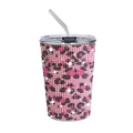 Pink and black leopard print rhinestone tumbler with metal straw and lid - 500ml / Leopard Pink