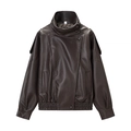 Women's dark brown PU leather moto jacket with stand collar and elastic waist hem - S / Coffee