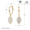 Detailed dimensions of gold Hamsa Hand 925 silver earrings with sparkling cubic zirconia - Gold