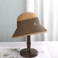 French vintage straw sun hat with light brown and black contrast stripes and metal logo - M (56-58cm) / Khaki