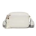 White faux leather crossbody bag with tassel detail and stylish wide patterned strap - Off White