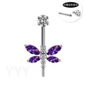 Piercing de nombril libellule argentée avec pierres mauves et filetage interne - Libellule Violette