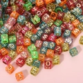 Colorful translucent square acrylic alphabet beads with gold letters for DIY jewelry - 6x6mm Deep Transparent Colored Gold Letters (100pcs)