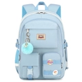 Light blue student backpack detail showing multiple functional pockets and plush charm - With Light Blue Fur Ball / Light Blue