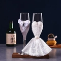 Elegant wedding champagne glasses with groom suit and bride lace dress on wood base - Groom Bride Bow Tie Style (TSG-033-WH1)
