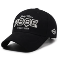 Classic black cotton baseball cap with white embroidery and curved brim on white background - Adjustable / Black