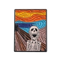 Enamel pin with skeleton parody of The Scream painting in vibrant orange and blue colors - The Scream Skeleton