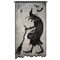 Halloween black lace table runner featuring witch and pumpkin silhouette on white fabric - Witch Door Curtain