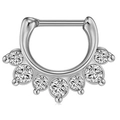Silver septum ring with seven radiant white zircons in a vintage fan-shaped setting - Silver Fan Shaped 7-Zirconia