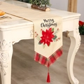 Christmas table runner with red poinsettia, black Merry Christmas text and red tassels - Red Flower