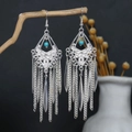 Bohemian silver tassel earrings with blue turquoise bead hanging on wooden branch - Blue Bead Vintage Long Tassel Style (E2872-11)