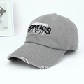 Close-up of vintage washed grey cotton baseball cap with distressed details and embroidery - Letter Embroidery Distressed Style / Gray