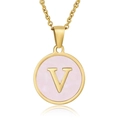 Collier doré avec pendentif rond en nacre rose et lettre V pour femmes chic - Lettre V
