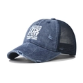 Vintage navy blue denim trucker hat with STUFF print and breathable mesh back - Adjustable / Navy Blue