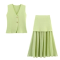 Detail of green knit V-neck vest with gold buttons and pleated chiffon skirt hem - S / Green Zirconia Set