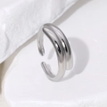 Minimalist silver stainless steel open ring with double layered geometric line design - Steel