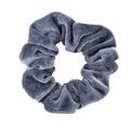 Close-up of a soft dark gray velvet scrunchie showing fine texture and plush fabric folds - Gray