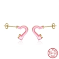 Elegant S925 sterling silver heart earrings with pink stone and golden finish - Curved Pink Heart Stud - Gold