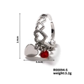 Detail view of heart-shaped adjustable silver ring with red zircon stone and dimensions - Adjustable Open / Silver Red Heart Style (R00094-5)